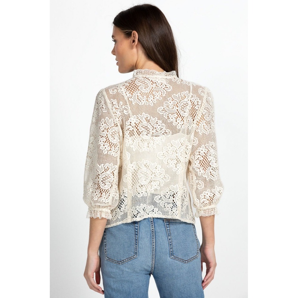 Johnny Was Betty Blouse Women L Cream Floral Lace Button Front Pearl Ruffle Trim - Picture 2 of 9